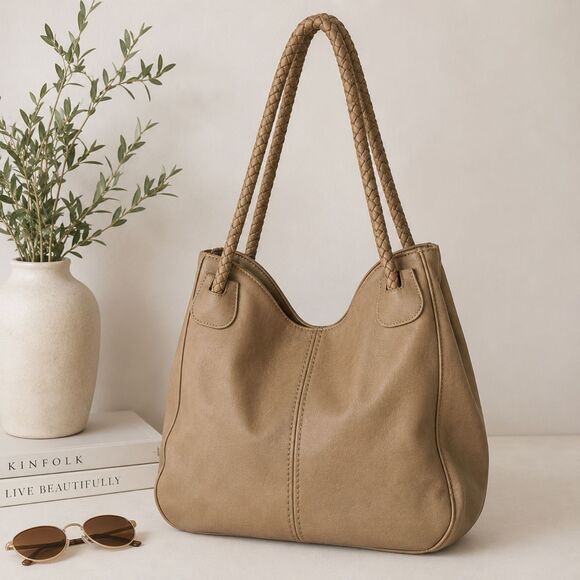 Antik Kraft Handbags - Antik Kraft Taupe Braided Strap Hobo Shoulder Bag Boho Slouchy Large Tote